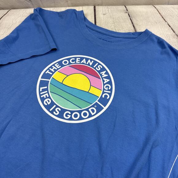 Life is Good Womens Crusher‎ Tee Cropped T-Shirt Cotton Top Ocean Magic Sz L - Picture 1 of 9